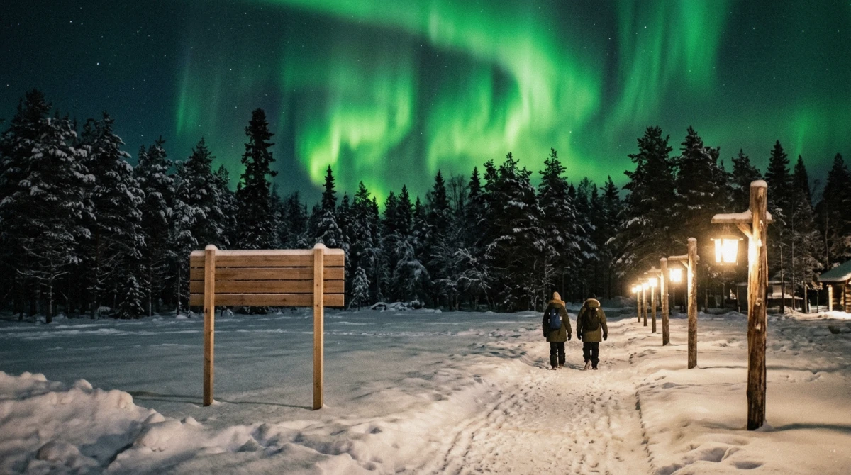 The Arctic Circle line marker at Santa Claus Village lit by lamps with a green aurora over the pines behind, on a northern lights Santa Claus Village night in Rovaniemi