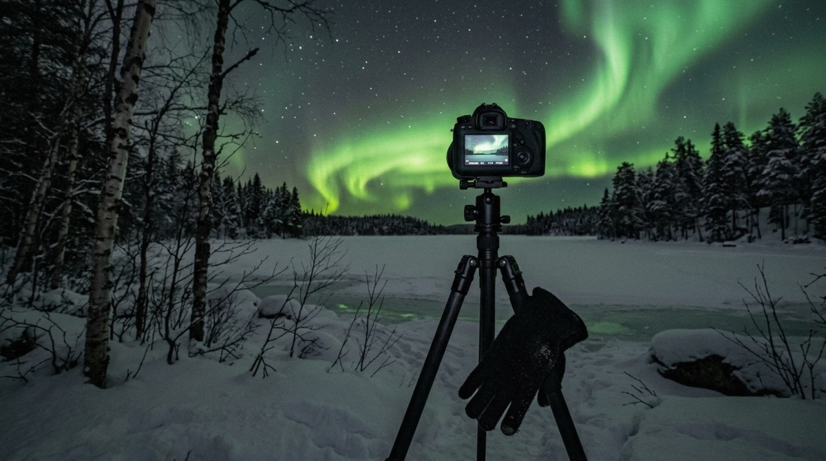 Camera on a tripod under a green aurora on a frozen lake around midnight, the peak window in the best time to see northern lights in Rovaniemi