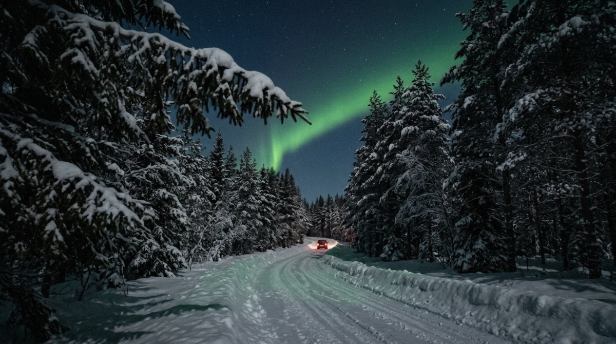 Snow-covered forest road at night with a green aurora overhead, the kind of unlit road you drive to see the northern lights in Rovaniemi without a tour