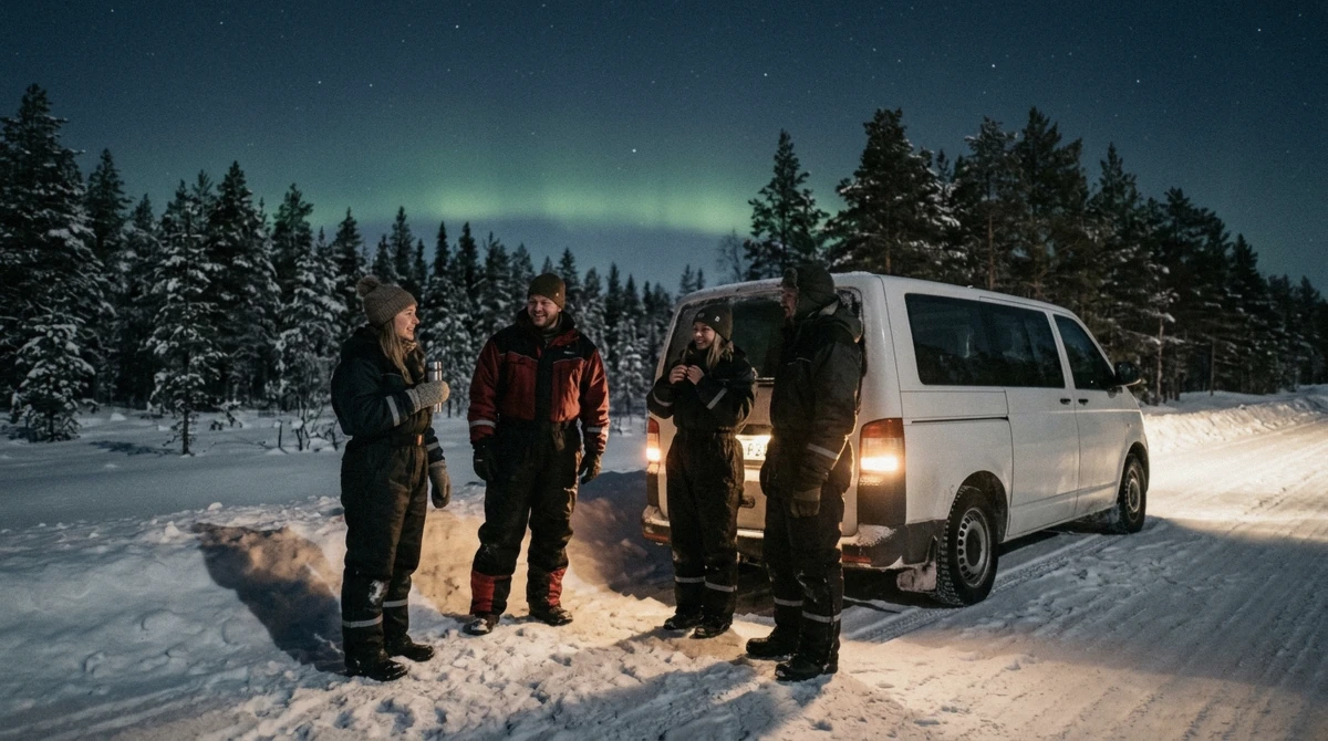 Guests in thermal overalls beside a minivan under a faint aurora in March, the second equinox peak and the best time to see northern lights in Rovaniemi