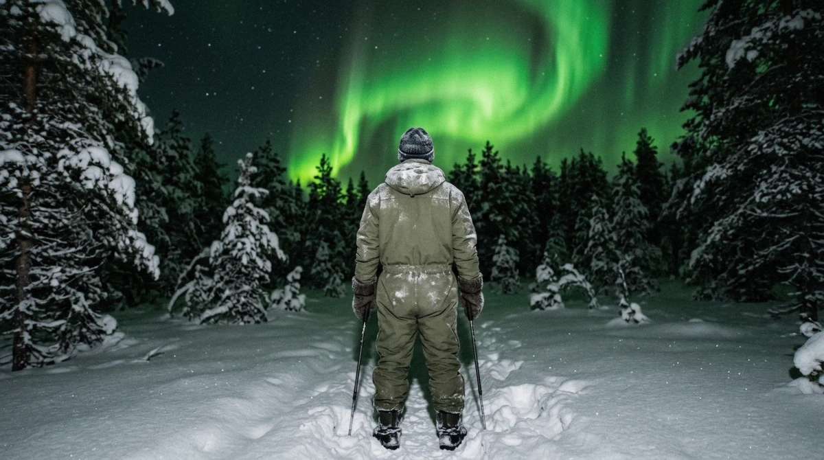 Traveller in thermal overalls, wool hat and mittens watching a green aurora, dressed correctly for what to wear on a northern lights tour in Lapland