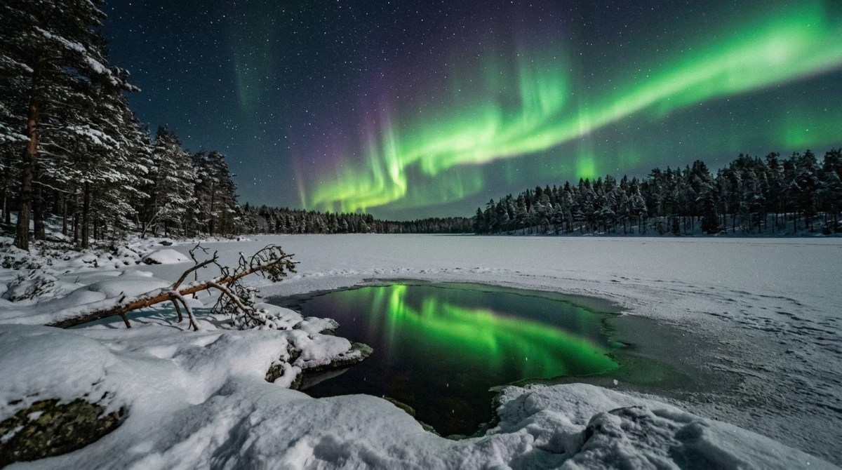 Green aurora reflected on a frozen lake in March, the best time to see northern lights in Rovaniemi, with snow-covered pines on the far shore in Finnish Lapland