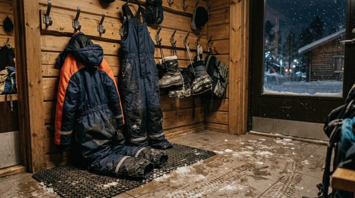 Thermal overalls and Arctic boots on hooks at a Rovaniemi tour office, the outer layer provided when you work out what to wear on a northern lights tour in Lapland