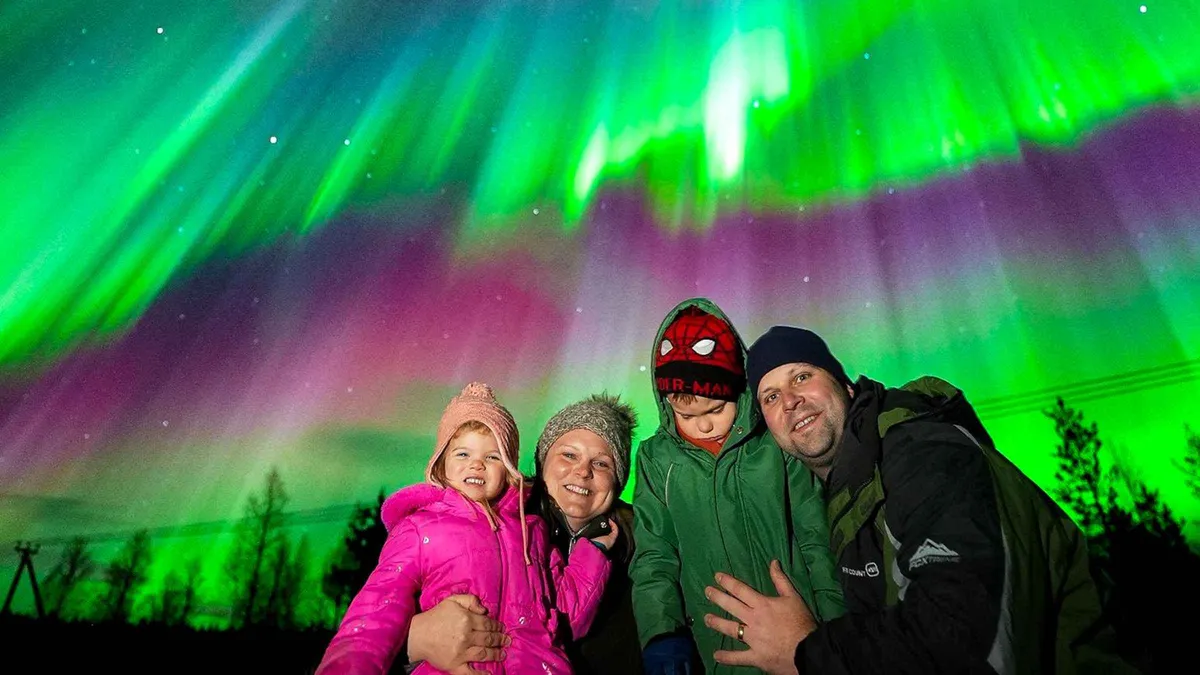 Green aurora over a snowy Lapland forest photographed on a money-back guaranteed aurora borealis tour Rovaniemi operators run, Finland