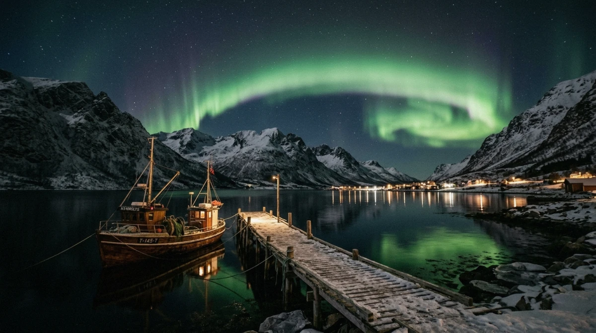 Green aurora over a dark fjord and snowy mountains near Tromsø, the Norwegian side of the Tromsø vs Rovaniemi northern lights choice